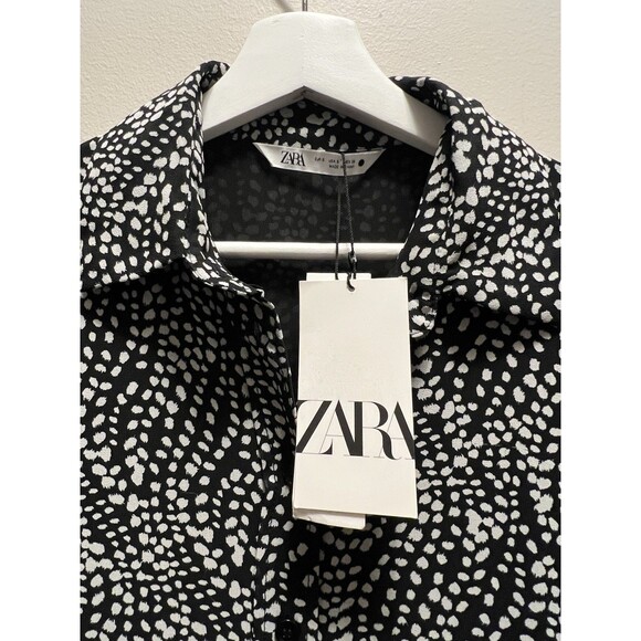 Zara Dress Black White Polka Dot Chiffon Long Sleeve Mini Button Up Size S New - Picture 2 of 11
